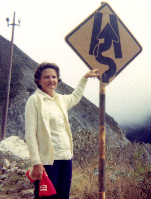 Picture of Janice in front of a sign showing upcoming road conditions